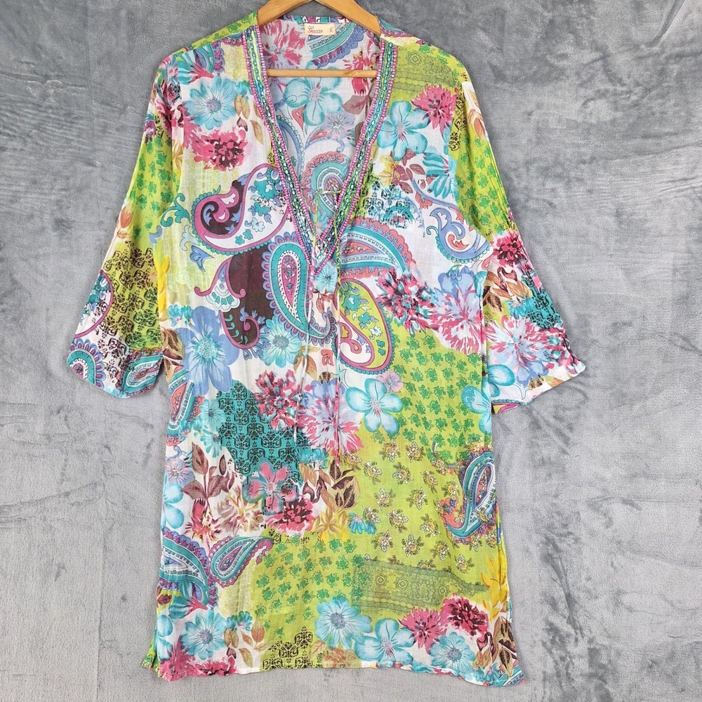 Womens Dress XL Boho Patchwork Floral Hippie Retro Artsy Beaded Festival Peasant